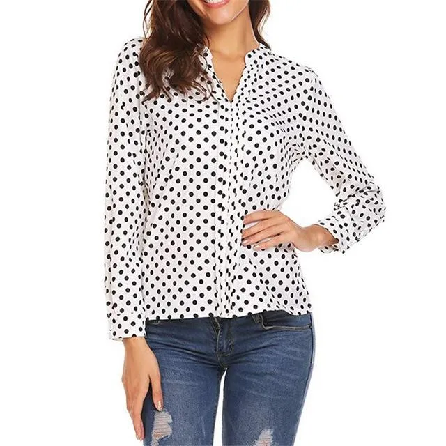 Plus Size Polka Dot Chiffon Blouse Shirts V-neck Long Sleeve Tops