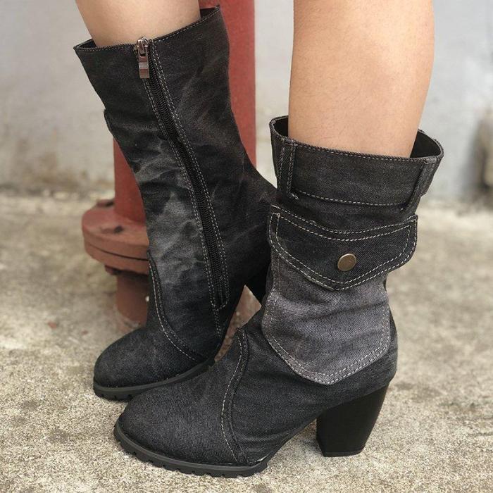 Mid-rise chunky with casual denim booties