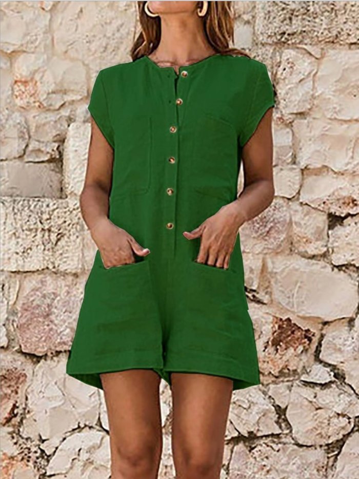 Round Neck Short Sleeve Plain Patch Pocket Playsuits Jumpsuits