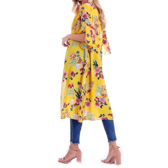 Female European And American Printed Chiffon Bat Sun Protective Cardigan