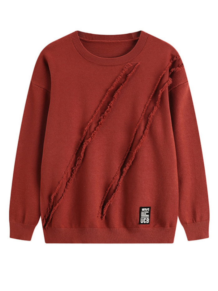 Handmade Frayed Round Neck Knitted Solid Long Sleeve Sweaters