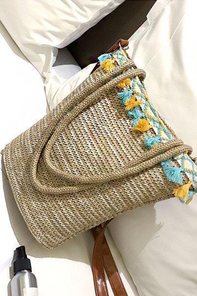 Pineapple Print Tassel Zipper Woven Straw Tote Bag