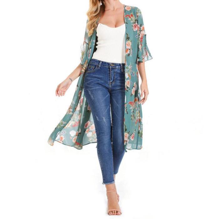 Female European And American Printed Chiffon Bat Sun Protective Cardigan