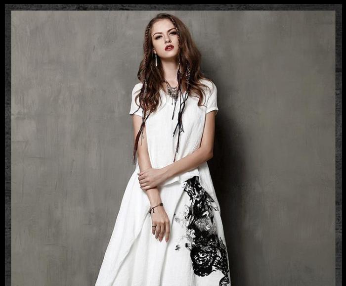 Vintage Cotton Linen Short Sleeve V-Neck Ink-Painting Print Maxi Dresses