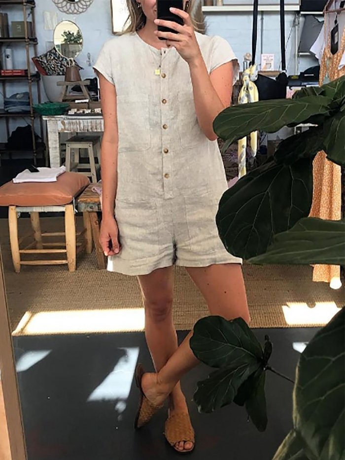 Round Neck Short Sleeve Plain Patch Pocket Playsuits Jumpsuits