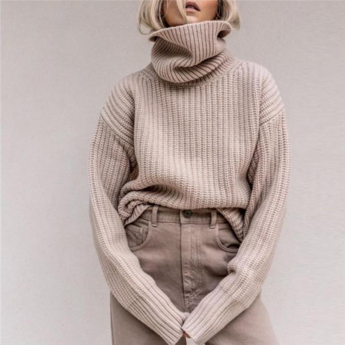 Women's High Collar Solid Color Knit Top