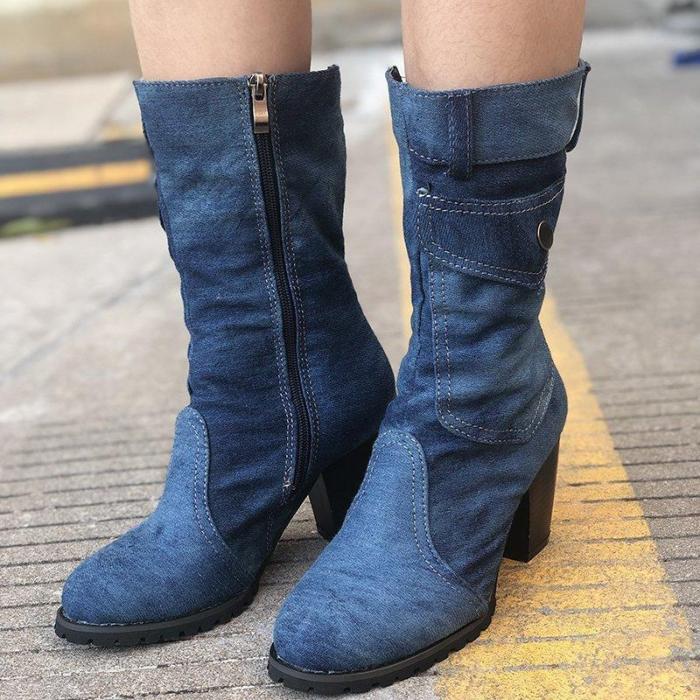 Mid-rise chunky with casual denim booties