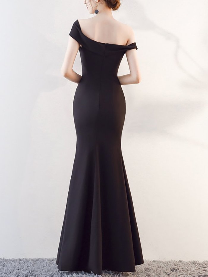 Fashion Boat Neck Pure Colour Slit Maxi Dress