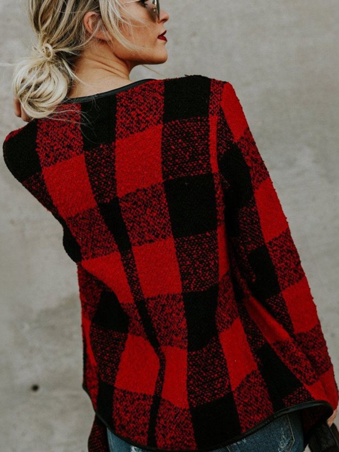 Autumn & Winter New Plaid Loose Turn-down Collar Long Sleeve Woolen Coat Outwear