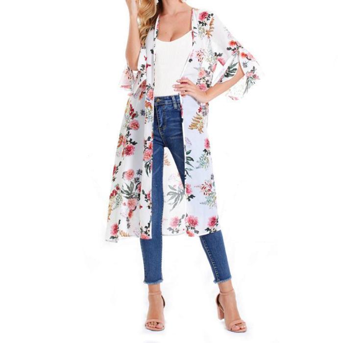 Female European And American Printed Chiffon Bat Sun Protective Cardigan