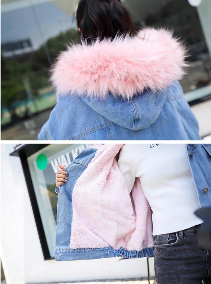 Winter Denim Jacket Fashion Blue Jeans Jacket Coat Fur Collar Oversize Outwear