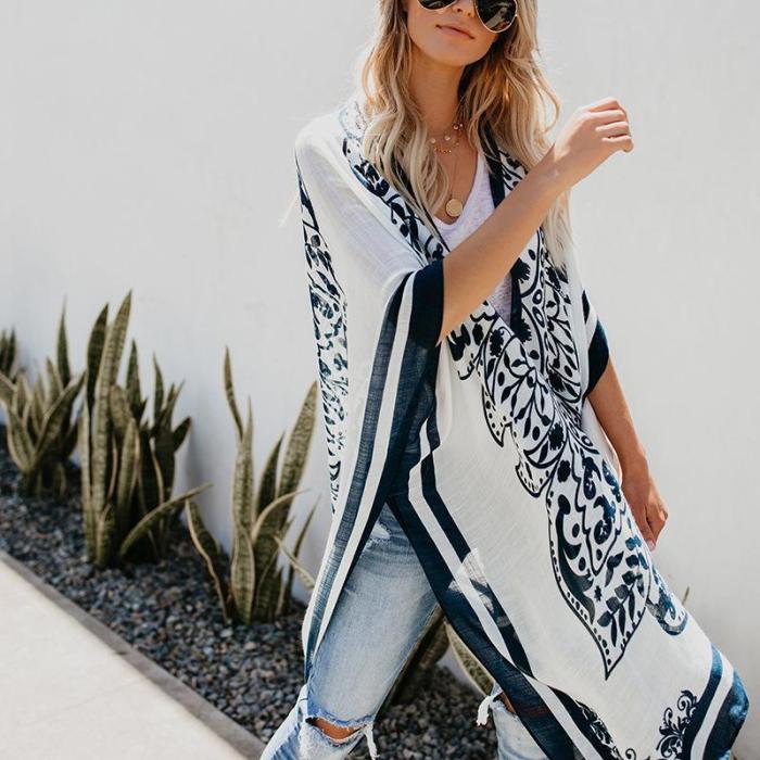 Printed Loose Casual Long Blouse Coat Cardigan