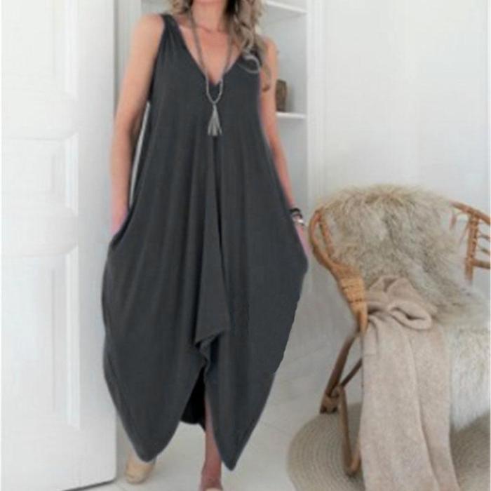 Sexy Solid Color V-Neck Irregular Dress