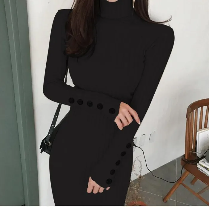 Casual Sexy High   Collar Pure Color Knitted Sweater Maxi Dresses