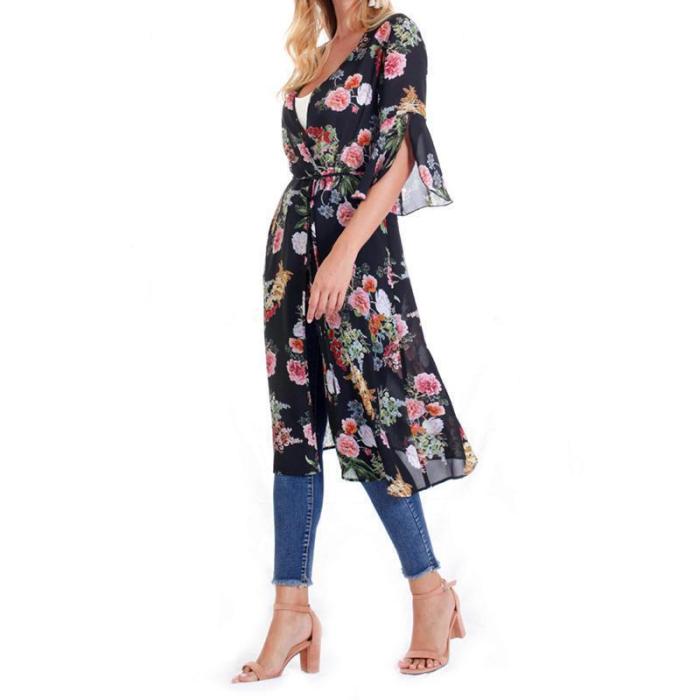 Female European And American Printed Chiffon Bat Sun Protective Cardigan