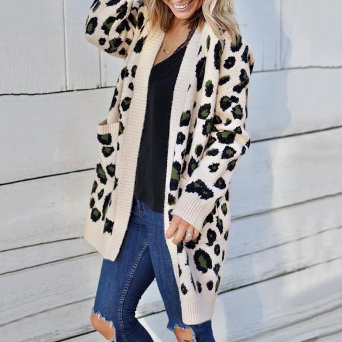 Fashion Leopard Print Pockets Loose Sweater Cardigan