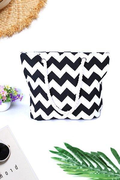 Women's Beach Zigzag Stripe Zipper Canvas Tote Bag