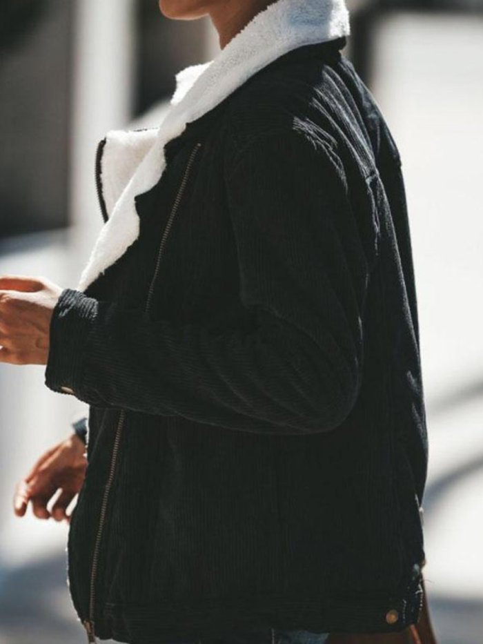 Fold Over Collar  Zipper  Plain Jackets