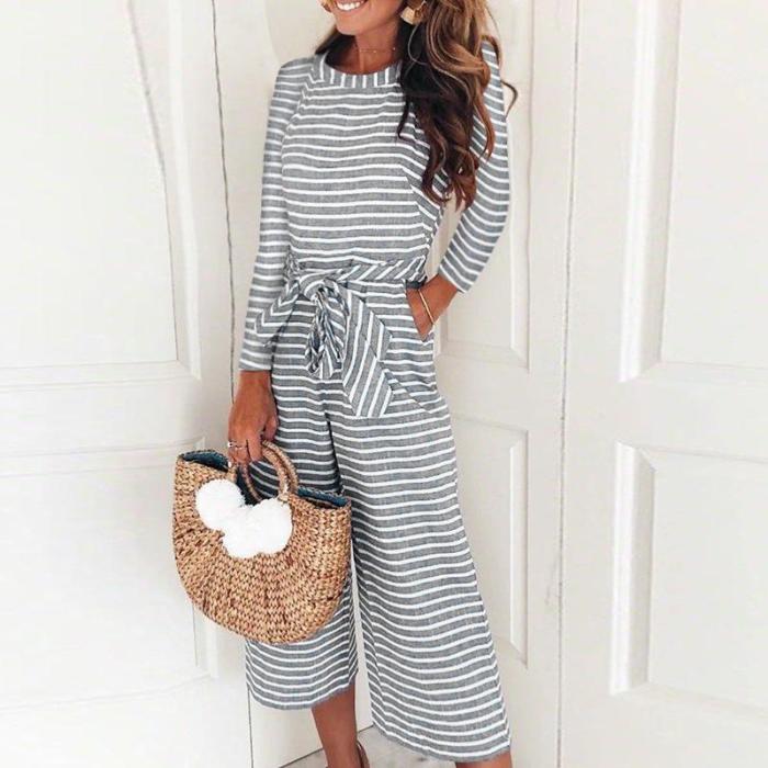 Long-Sleeved Striped Print Jumpsuits
