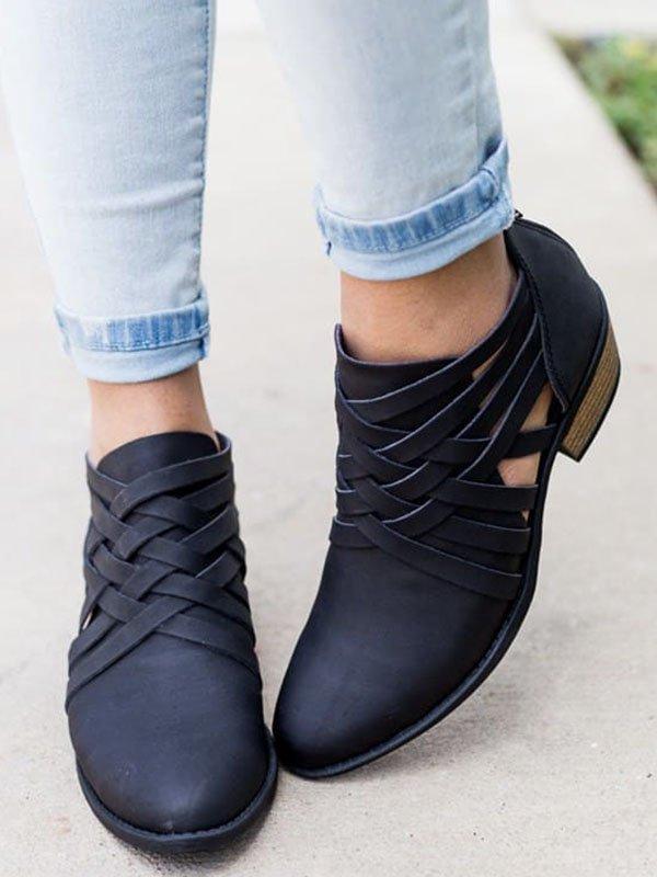 Plus Size Criss-Cross Ankle Heel Booties Hollow-out PU Boots