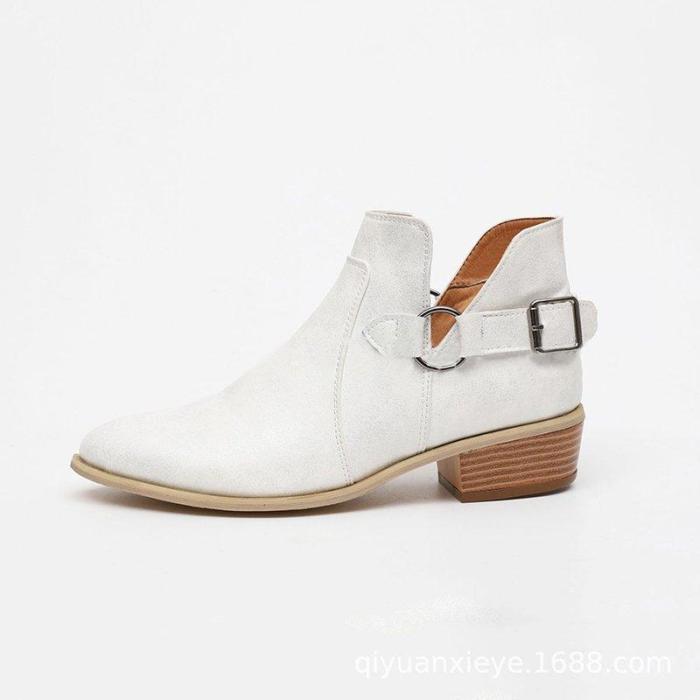 Pointed Toe Buckle Decoration Chunky Heel Short Boots Adjustable Buckle Plus Size Shoes