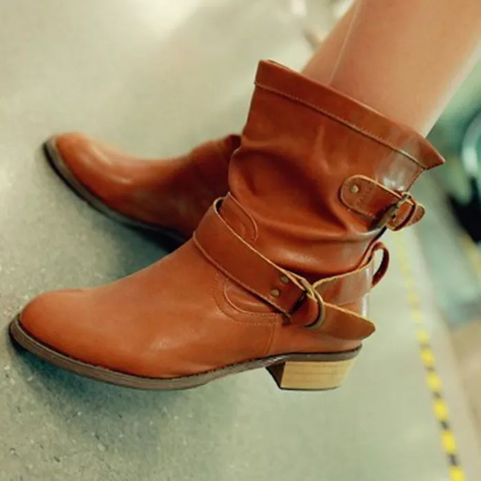 Buckle Strap Boots Women Mid-Calf Shoes