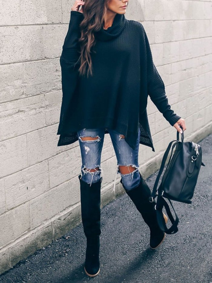 4 Colors Elegant Turtle Neck Paneled Knit Wear Sweaters