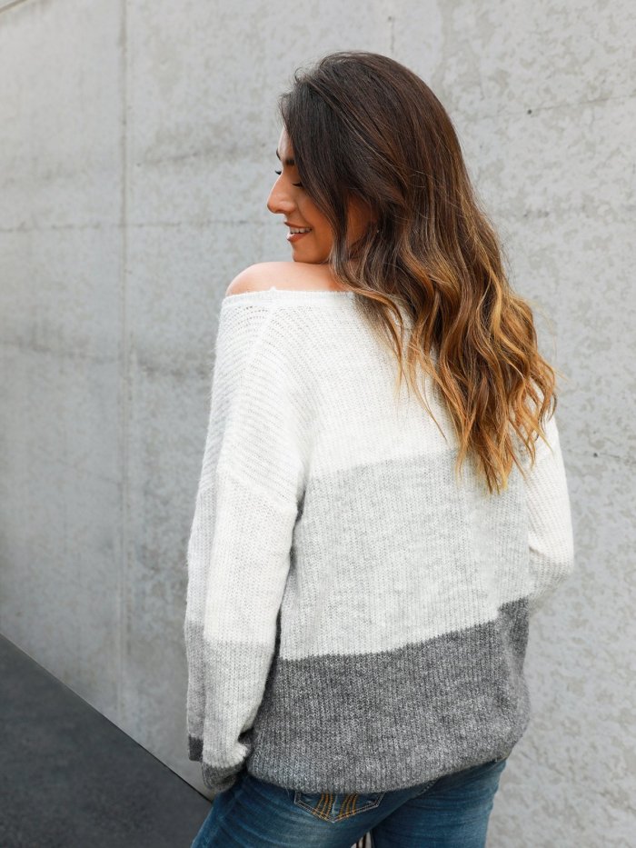 Gray White Ombre/tie-Dye Color-Block Casual Sweaters