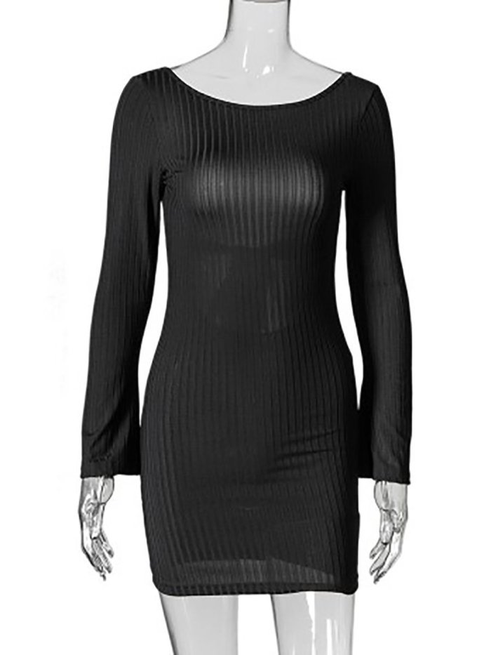 Round Neck  Backless Bowknot Cutout  Plain Bodycon Dresses