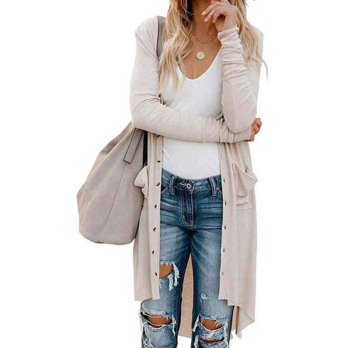 Casual Long Sleeve Pure Color High-Low Cardigan