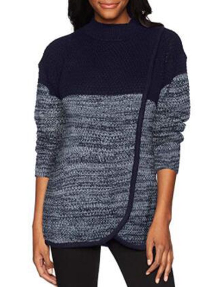 Blue Acrylic Casual Color-block Solid Sweater