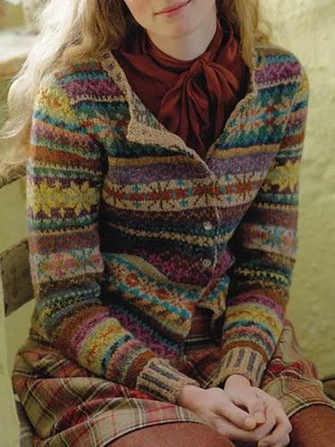 Color-Block Tribal Casual Long Sleeve Women's Cardigan