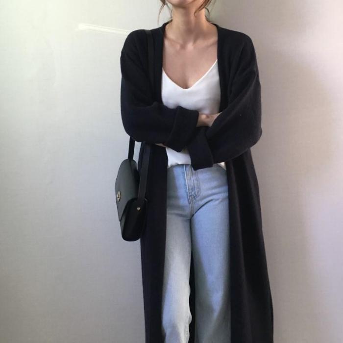 Fashion Frenulum Long Knitted Sweater Cardigan Coat