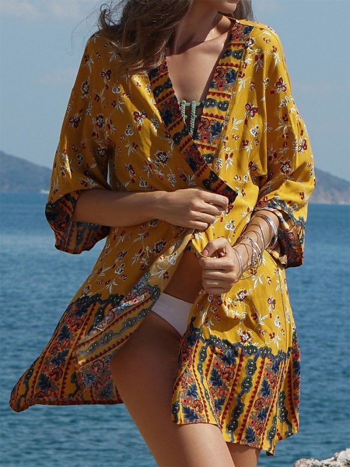 Summer Floral Print 3/4 Sleeve Cover up Swimwear Beachwear Bikini Cardigan