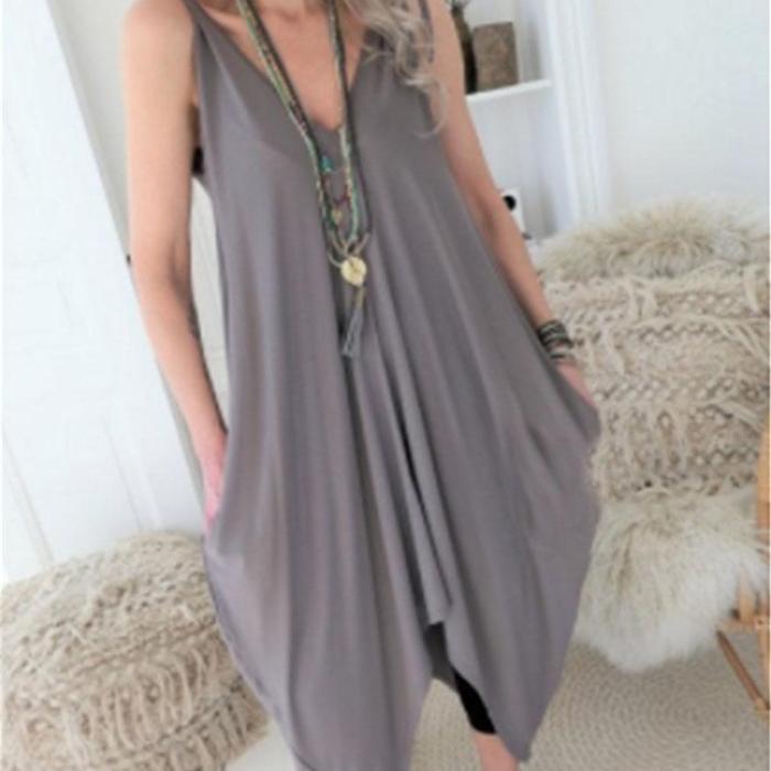 Sexy Solid Color V-Neck Irregular Dress