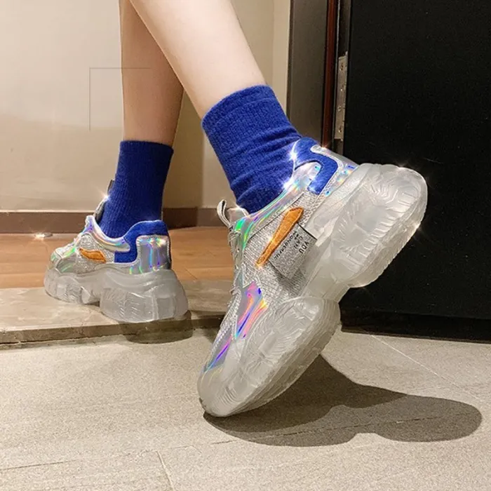Sportive Contrast Color Transparent Sole Platform Shoes Sneakers