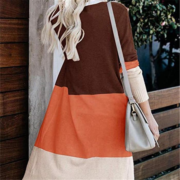 Large Size Stitching Striped Knit Loose Sweater Cardigan Coat