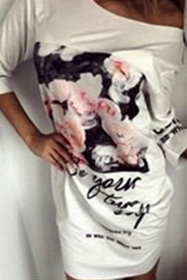 One Shoulder  Letters Printed  Long Sleeve Bodycon Dresses