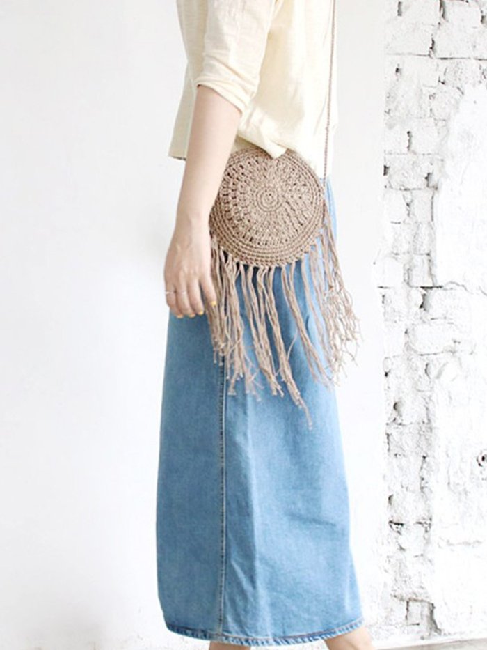 Women Hand-Woven Straw Shoulder Bag Tassel Beach Bag Handbag