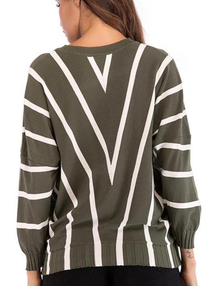 V  Neck  Striped  Basic Sweaters