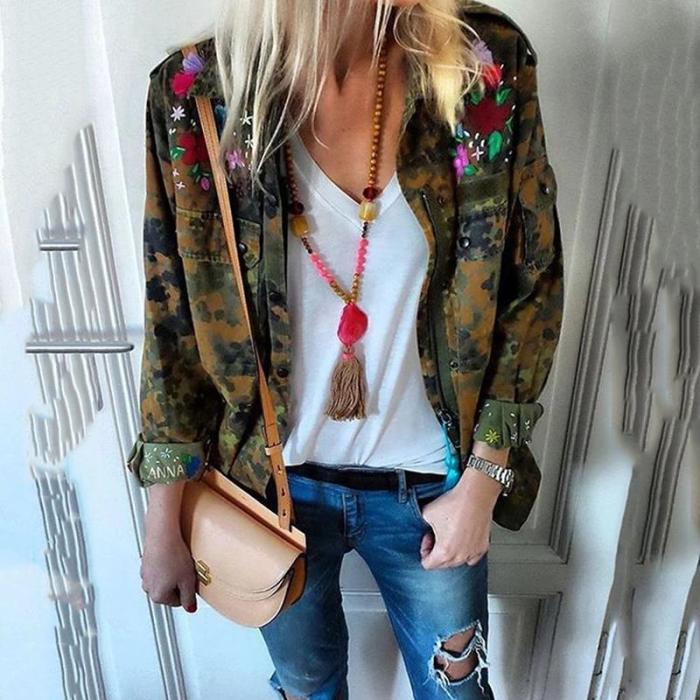 Women's Fashion Camouflage Pattern Single-Breasted Long Sleeve Cardigan