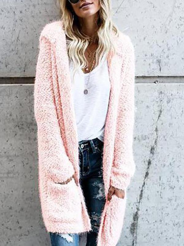 Mid-Length Knit Cardigan Solid Color Plush Coat Outwear