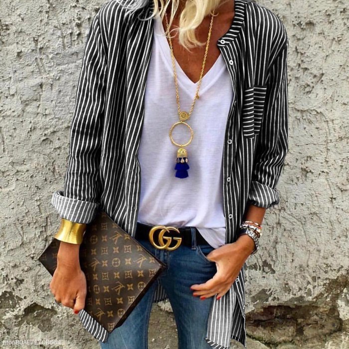 Long Sleeve Striped Shirt Women's Cardigans