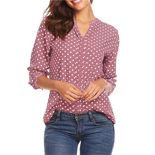 Plus Size Polka Dot Chiffon Blouse Shirts V-neck Long Sleeve Tops