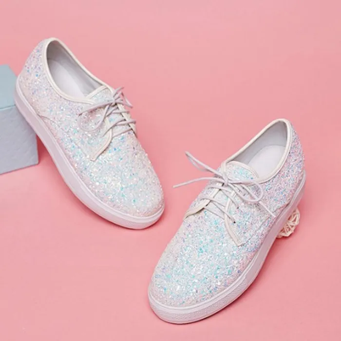 Casual Brisk Paillette Lace-Up Wedges Heels Sneakers