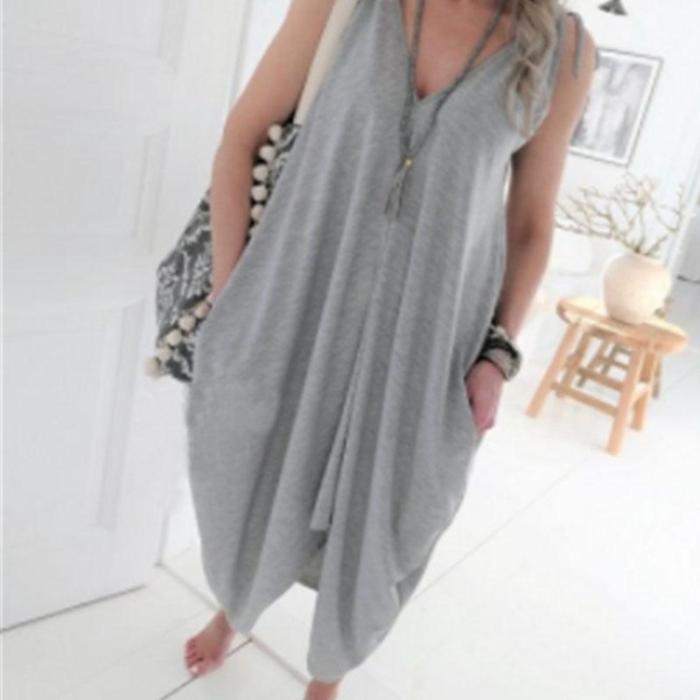 Sexy Solid Color V-Neck Irregular Dress