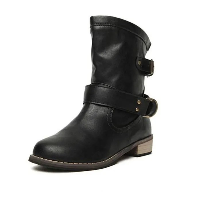 Buckle Strap Boots Women Mid-Calf Shoes