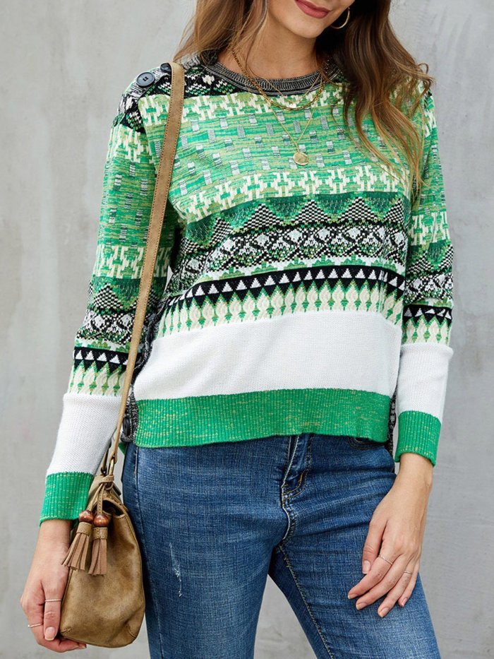 Green Knitted Color-Block Tribal Long Sleeve Sweaters