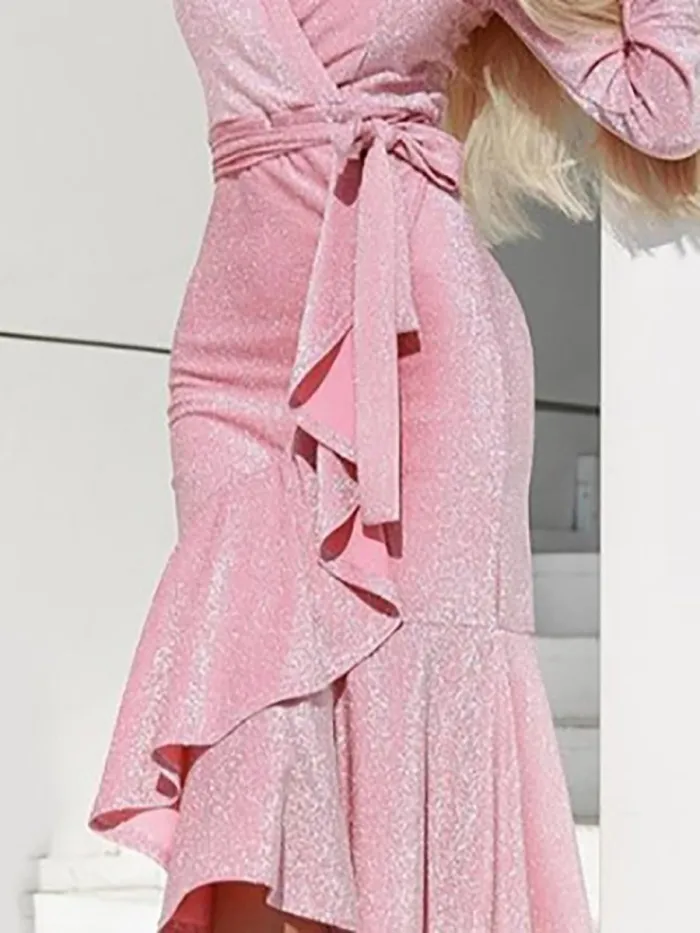 Surplice  Flounce  Belt Shimmering Powder  Tie/Dye Bodycon Dresses