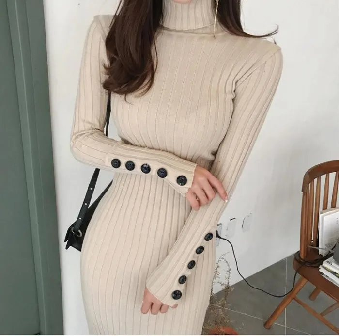 Casual Sexy High   Collar Pure Color Knitted Sweater Maxi Dresses
